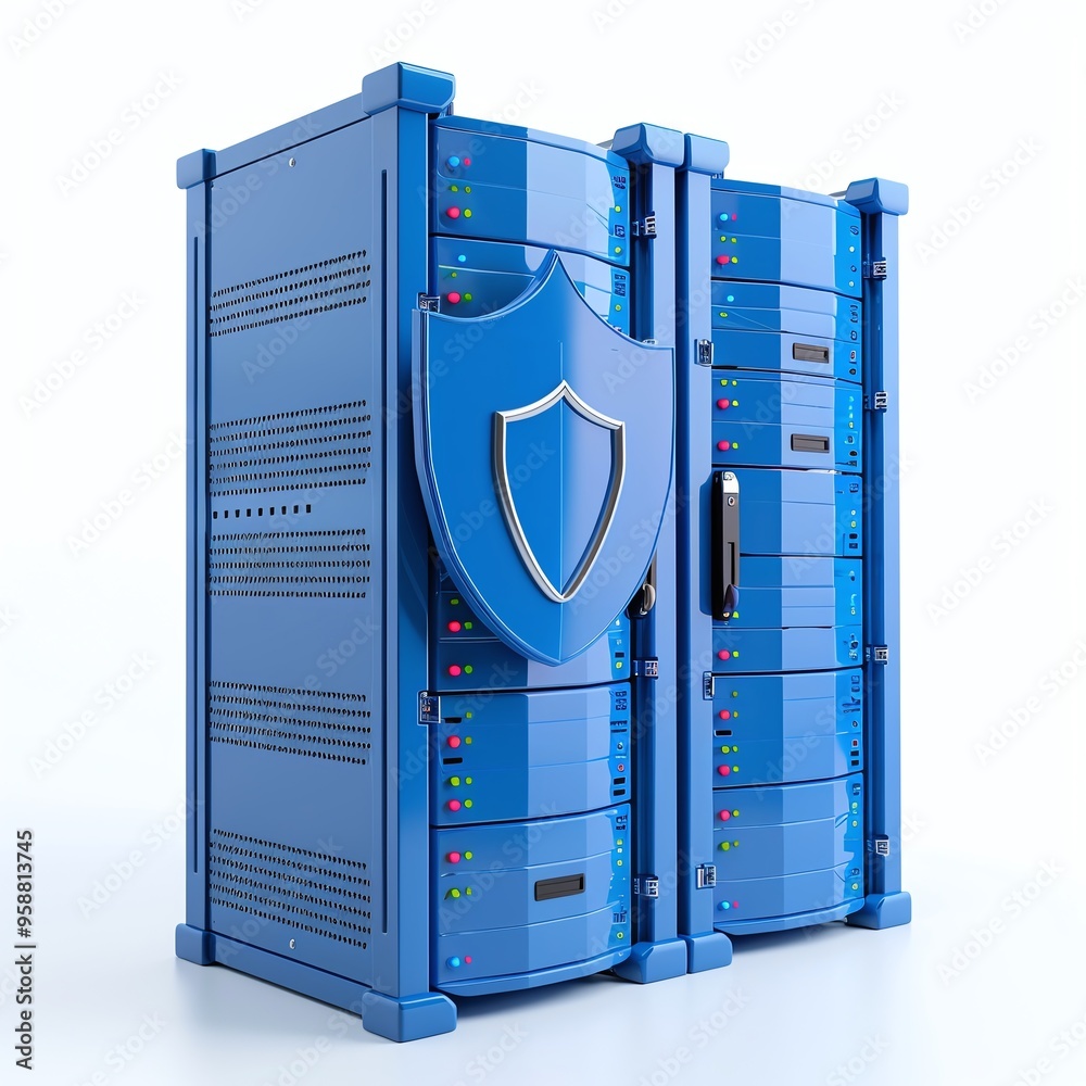 Poster secure server racks with blue shield emblem representing data protection and cybersecurity in a mode