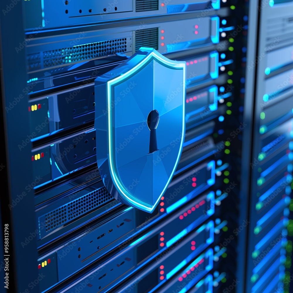 Poster secure server room with blue shield symbolizing cybersecurity and data protection in a modern data c