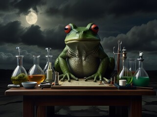 Green Frog Scientist Potion Maker Night Full Moon
