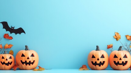 Smiling Halloween pumpkins with autumn leaves and bat