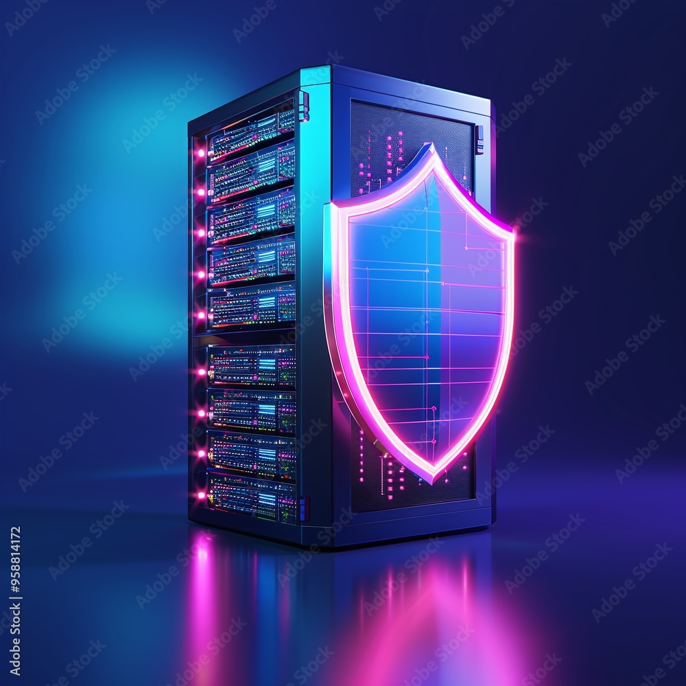 Poster secure server with shield icon representing data protection and cybersecurity in a glowing, futurist