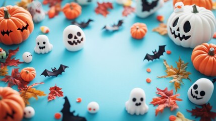 Naklejka premium Halloween items arranged on a blue background.