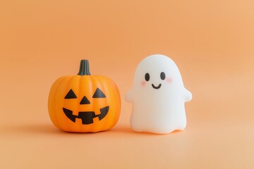 Cute toy ghost and Halloween pumpkin on a pastel orange background