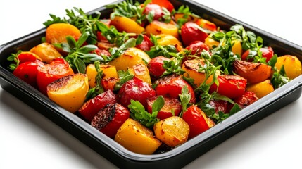 A vibrant tray of roasted vegetables with peppers, tomatoes, and parsley, perfect for a healthy and colorful meal.