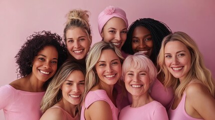 Diverse group of women embracing in pink for breast cancer awareness