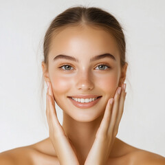 A beautiful woman close-up, facial skin care display