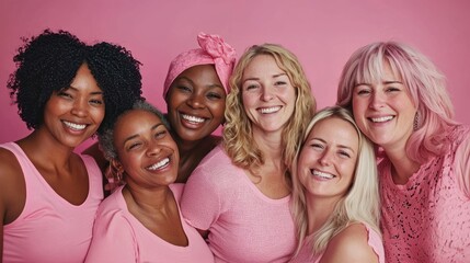 Diverse group of women embracing in pink for breast cancer awareness