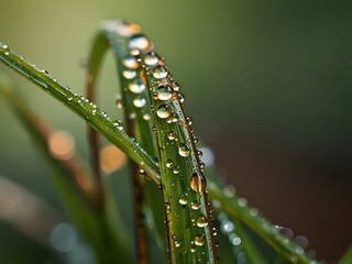 Naklejka premium Dew Drops on Green Grass Blades Closeup Macro Photography