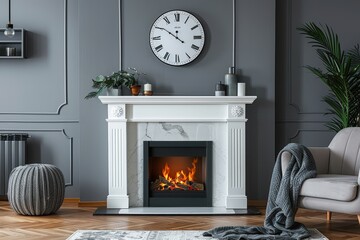 White fireplace with electric insert, large clock above, and grey wall in a cozy living room setting.