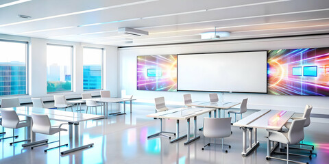 Revolutionizing Education: AI Powered Learning Center with Interactive Whiteboards and Holographic Tools. Modern Futuristic Design Emphasizing Cost-Efficient Educational Technology Transformation.