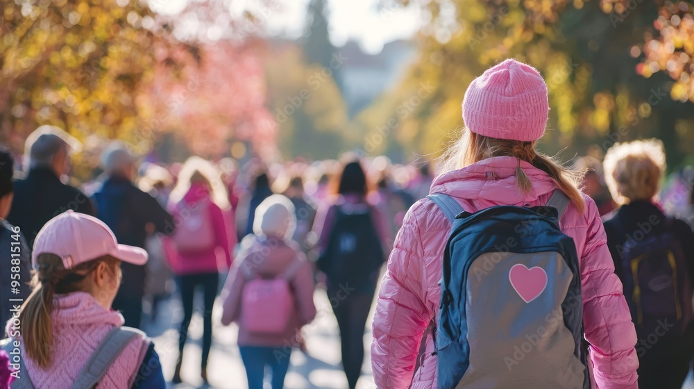 Wall mural people of all ages participating in a breast cancer awareness walk.