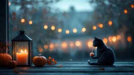 Black cat knitting with glowing yarn in a haunted house, eerie decorations all around, Halloween knitting, witchy charm