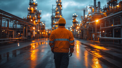 An engineer inspects pipelines and drilling rigs at a large factory behind a subsea facility.
