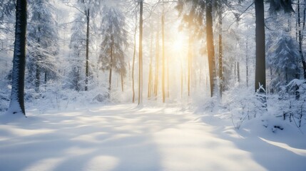 Naklejka premium Serene winter forest landscape with sunlight filtering through the trees, capturing the peaceful and tranquil beauty of a snowy day.