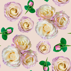 A beautiful seamless pattern with close-up views of delicate pink and white roses, perfect for romantic and elegant designs. Ideal for wedding cards, invitations and floral decor.