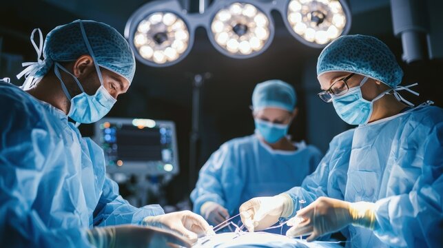 Surgeons performing breast cancer surgery with medical equipment in the background.