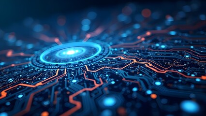 Fototapeta premium Circuit board technology wires circuitry hardware blue neon abstract background futuristic computer