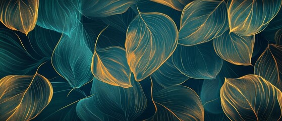 Luxury Golden Leaves Line Art on Green Background