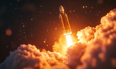 Fototapeta premium A Rocket Launching Through Orange Clouds And Stars