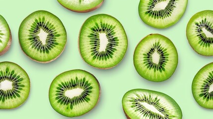 Fototapeta premium Overhead view fresh kiwi slices on light green background arranged in a minimalistic fashion, vibrant green kiwi fruit with black seeds in circular pattern create visually appealing refreshing.