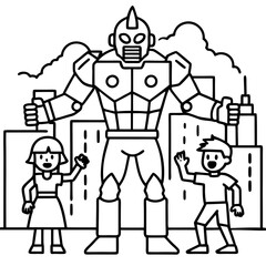 Superhero kids defending a city from a giant robot