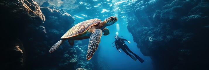 A large sea turtle and a diver in deep sea