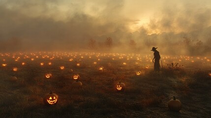 Fototapeta premium Pumpkin Patch at Dusk with Glowing Jack-o'-Lanterns and a Scarecrow Surrounded by Mist