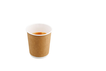 top view cardboard cup with coffee, espresso, americano on isolated white background close-up