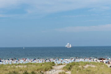 A tall ship off the coast at Warnemunde in Mecklenburg-Vorpommern, Germany