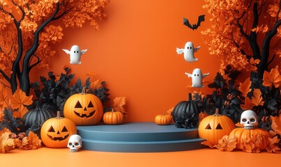 Spooky Halloween decor with pumpkins and orange trees