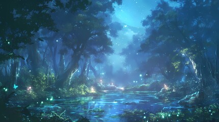 Fototapeta premium A mystical twilight forest scene with sparkling fireflies and a serene river.