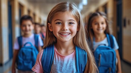 Fototapeta premium a group of cheerful small school kids with bags walking in corridor