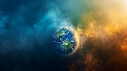 Earth burning and engulfed in flames, signifying a worldwide calamity and a shift in climate