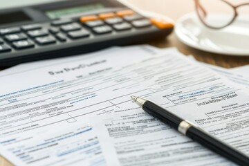 Close-up of tax forms, pen, and calculator on a desk. Essential tools for financial planning and tax preparation.