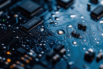 Close-up of a circuit board with water droplets, showcasing intricate electronic components and modern technology.