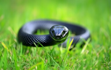 Obraz premium A sleek black snake with glossy scales coils through vibrant green grass, its head raised and eyes focused, creating a striking contrast of colors