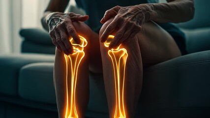 old woman holding her knees with her hands, knee pain animation, joint pain - Powered by Adobe