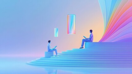 A group of students in a futuristic library, each reading from floating holographic health encyclopedias, soft blue lighting, detailed illustration