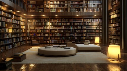 Cozy modern library with warm lighting and comfortable seating area.