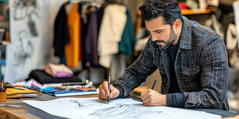 Naklejka premium Stylish Hispanic fashion designer sketching out clothing designs on a model