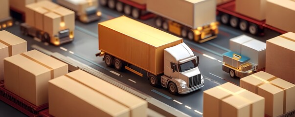 Aerial view of a busy transport hub, featuring trucks and shipping boxes on the road, emphasizing logistics and freight movement.