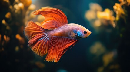 Obraz premium A striking contrast of a lone, vivid fish against the backdrop of a dark, mysterious aquarium, highlighting the fish radiant colors.