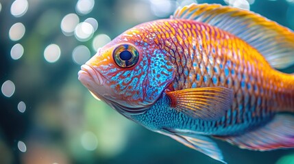 Fototapeta premium Close-up of a brightly colored fish in an aquarium, showcasing intricate patterns and scales, with bubbles rising in the background.