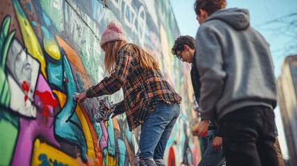 Fototapeta premium Grupa młodych ludzi zajmujących się sztuką uliczną, prezentującą żywe i odważne elementy kultury młodzieżowej.