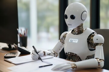 Robot sitting at a desk, writing notes with a pen, showcasing the blend of technology and productivity in a modern workspace.