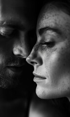 Intimate black-and-white close-up of a man and woman with their faces closely touching, symbolizing deep love, connection, and emotional intimacy