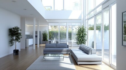 Fototapeta premium Modern apartment interior design with a sleek open-plan living area, featuring a minimalist grey sofa, glass coffee table, and large windows for natural light.