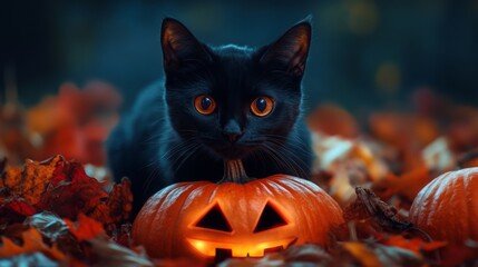 Black Cat with Jack-O-Lantern in Autumn

Halloween