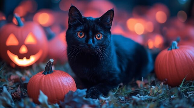 Black Cat with Pumpkins at Halloween
