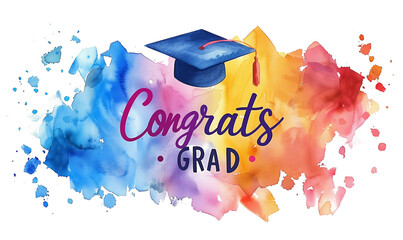 Watercolor-style graduation design featuring a graduation cap with 'Congrats Grad' text in vibrant colors, symbolizing celebration, creativity, and achievement